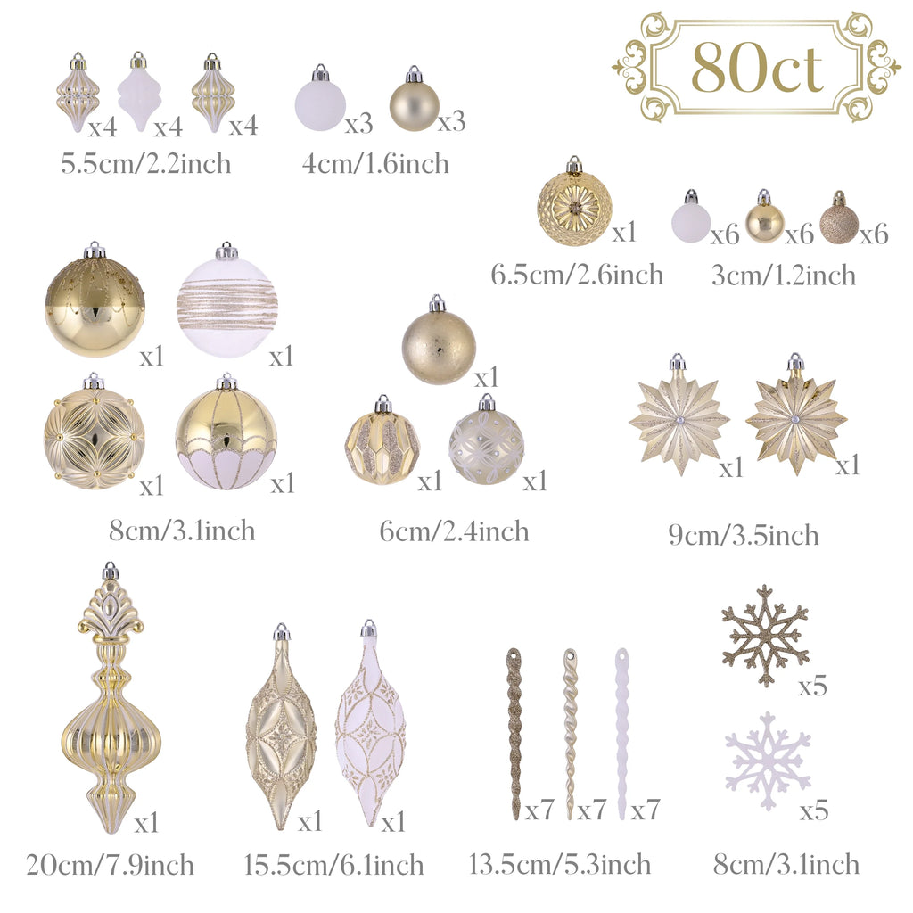 80Ct Christmas Ornaments Set, White Gold Christmas Tree Ornaments for Holiday Party Decor