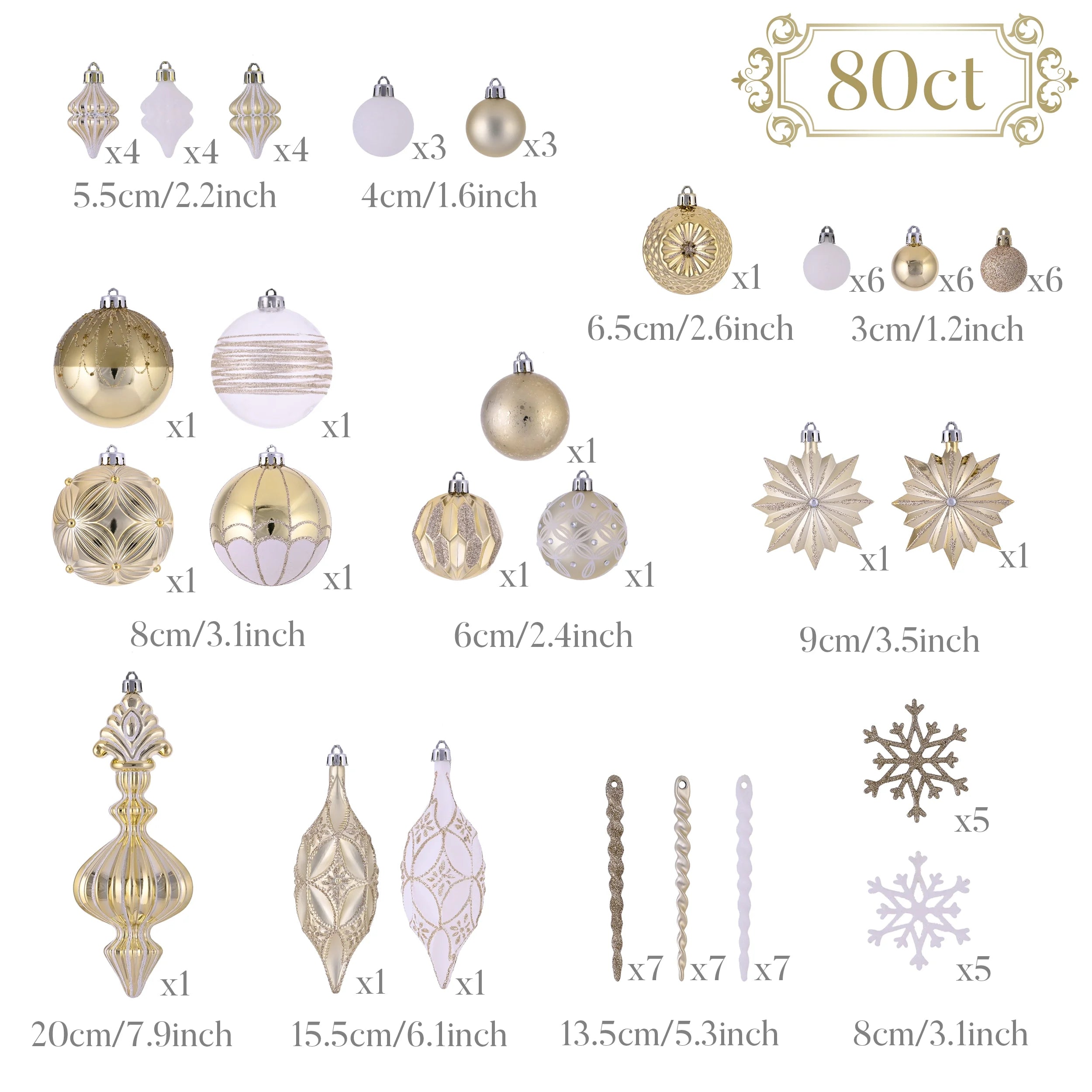 80Ct Christmas Ornaments Set, White Gold Christmas Tree Ornaments for Holiday Party Decor