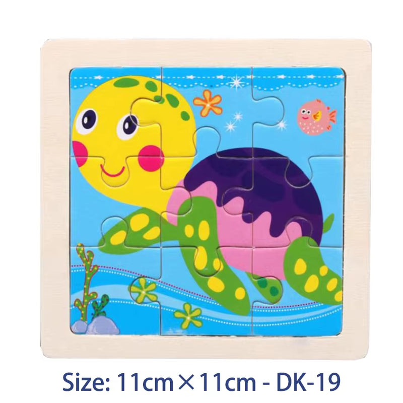 Colorful 11cm Wooden Jigsaw Puzzle for Kids - Fun Cartoon Animal & Vehicle Patterns - Montessori Educational Toy