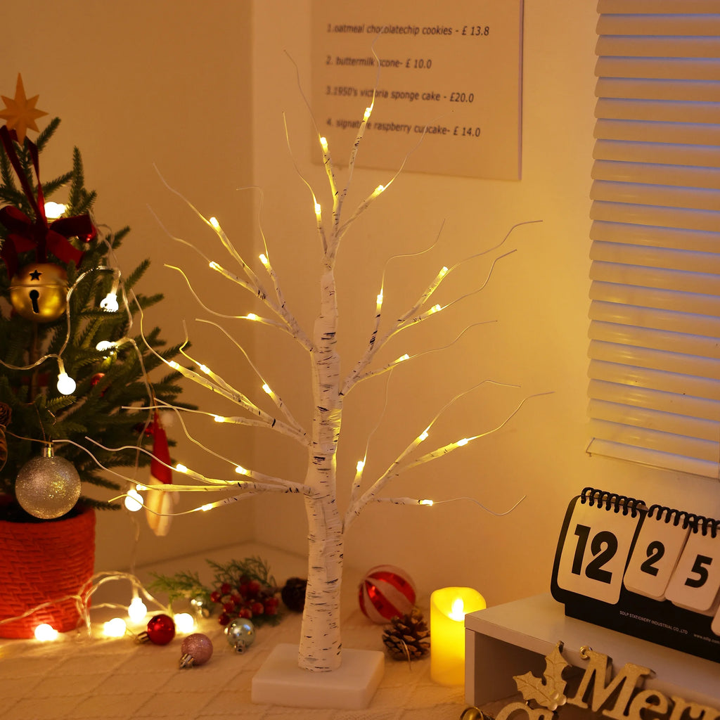 2Pack Christmas Tree Decorations - Birch Fairy Light Spirit Trees with 24 LED Warm White Lights, Usb/Battery Powered Indoor Holiday Decor, 2 FT