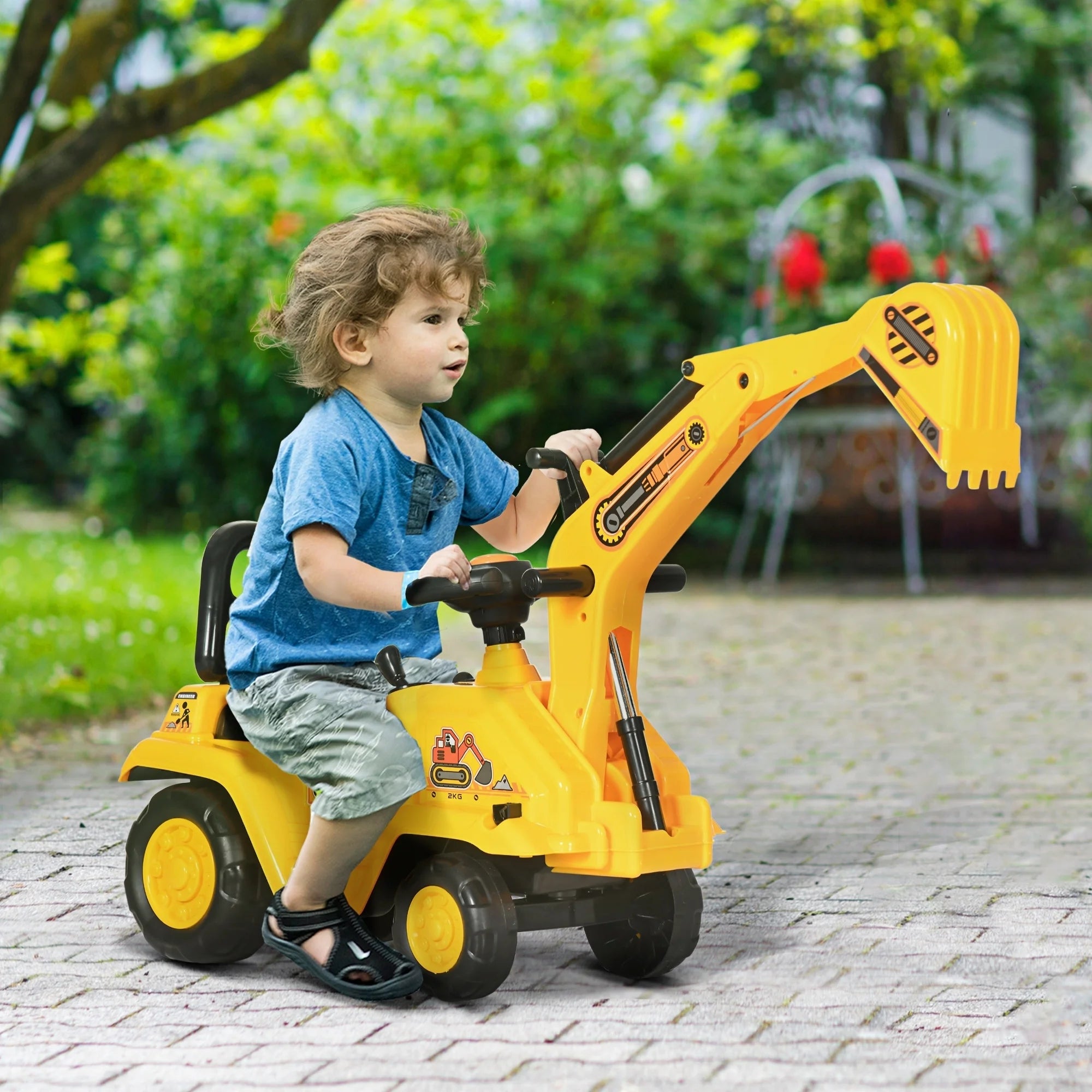 3-in-1 Ride-On Excavator Digger Scooter and Pulling Cart for Pretend Play Construction Activities