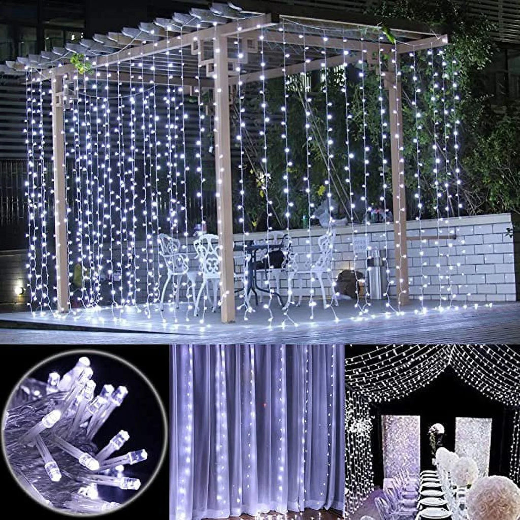 Christmas Decoration Curtain String Lights with Remote Control Timer, Christmas Lights, White, 300 Leds