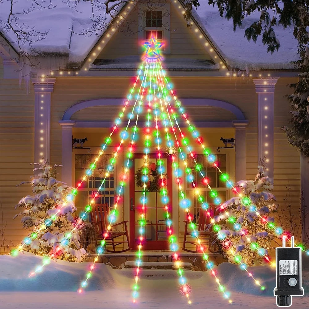 Christmas Lights with Star, 350 LED 25.8FT Star Waterfall String Christmas Fairy Lights with 8 Modes for Outdoor & Indoor Decoration, Multicolor
