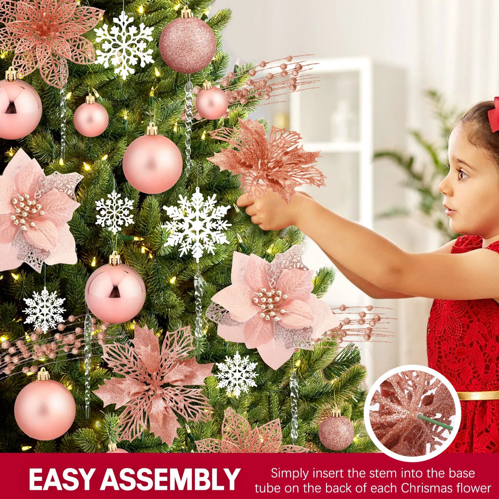 92Pcs Christmas Tree Decorations Includes Poinsettia Christmas Flowers, Ball Ornaments, Artificial Glitter Berry Stems, Snowflake and Icicle Drop Crystal Ornaments | Rose Glod
