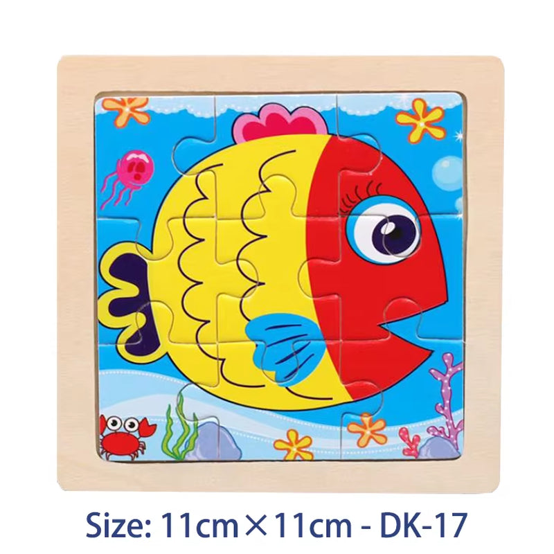 Colorful 11cm Wooden Jigsaw Puzzle for Kids - Fun Cartoon Animal & Vehicle Patterns - Montessori Educational Toy