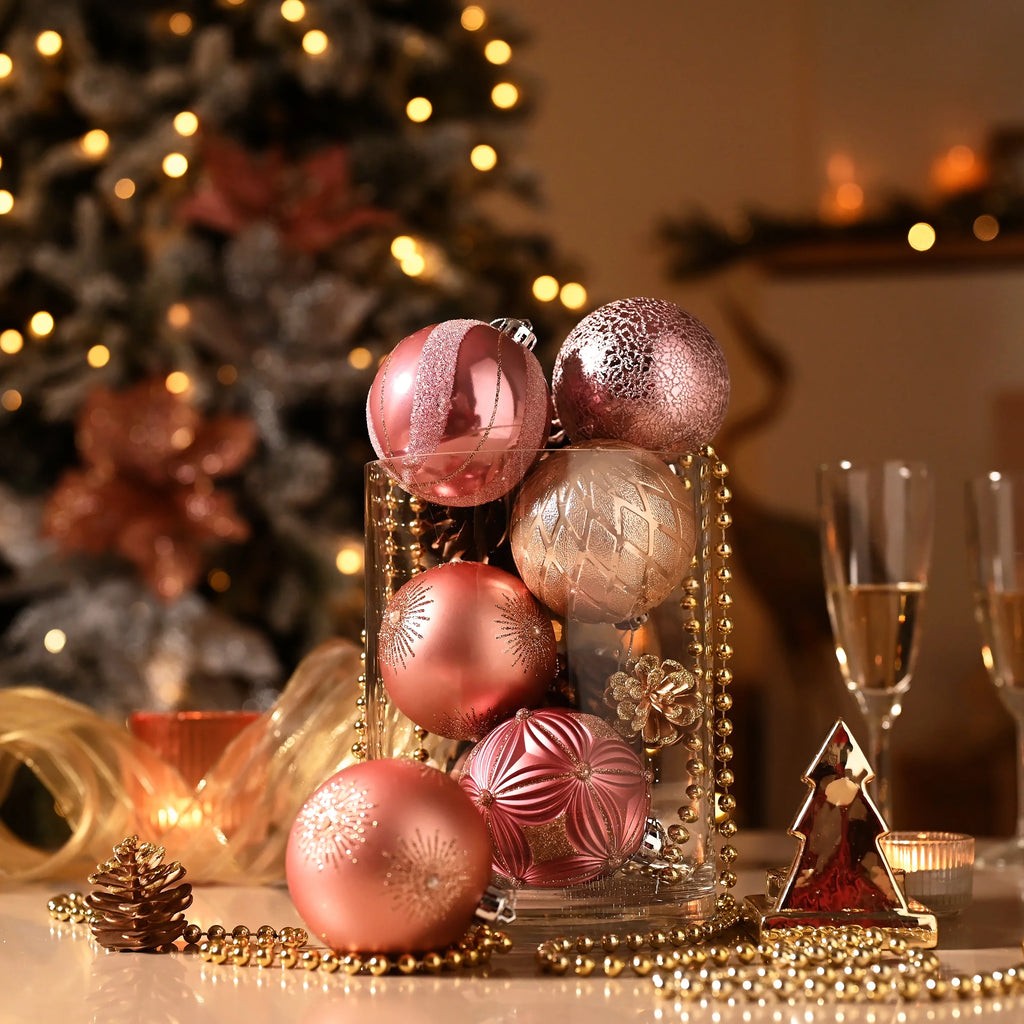 16Ct 3.15" Christmas Ornaments, Pink Gold Christmas Tree Ornaments for Holiday Party Decor