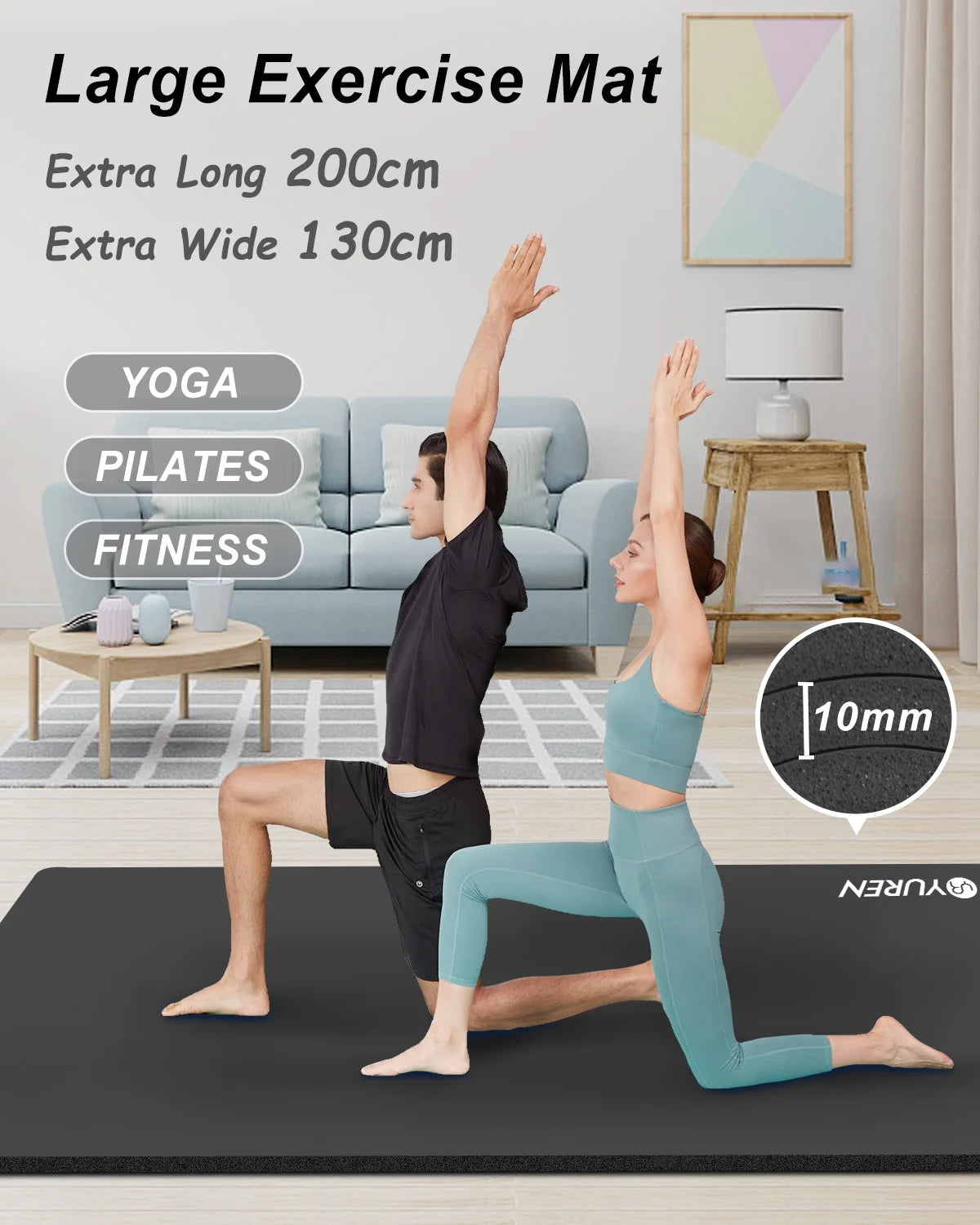 Extra Thick 10mm Large Yoga Mat - 78" x 51" for Home Gym Workouts - Premium Black Exercise Mat