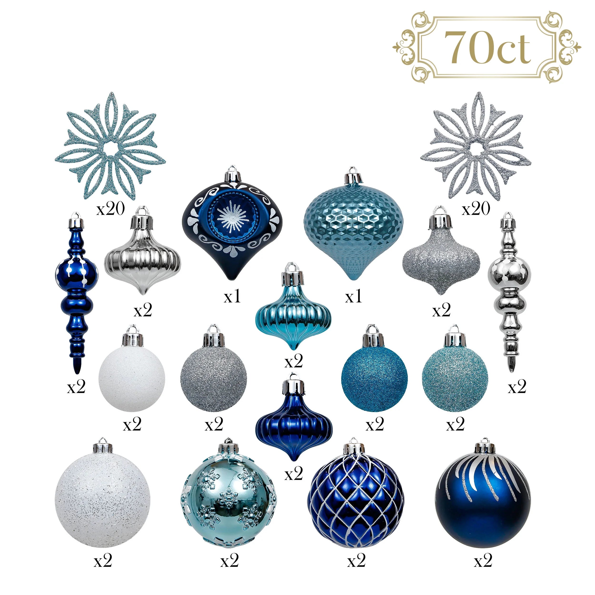 70Ct Christmas Ornaments Set, Silver Blue Christmas Tree Ornaments for Xmas Decor