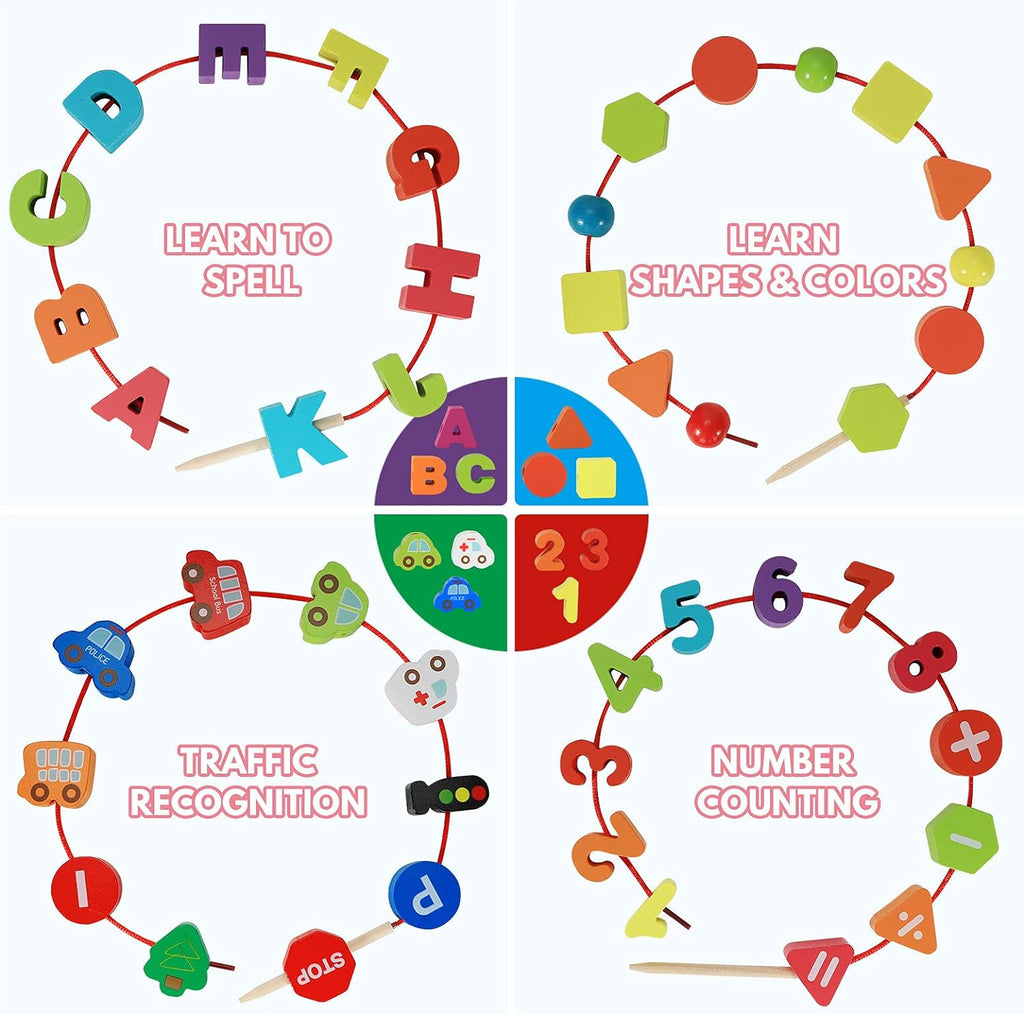 Wooden Lacing Toy Alphabet Number Threading Beads for Boys Girls Age 3 4 5 6 Montessori Educational Learning Birthday Gift