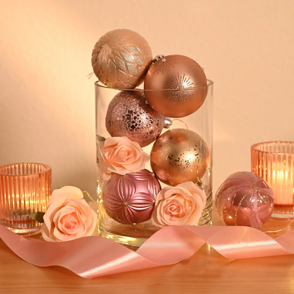 16Ct 3.15" Christmas Ornaments, Pink Gold Christmas Tree Ornaments for Holiday Party Decor