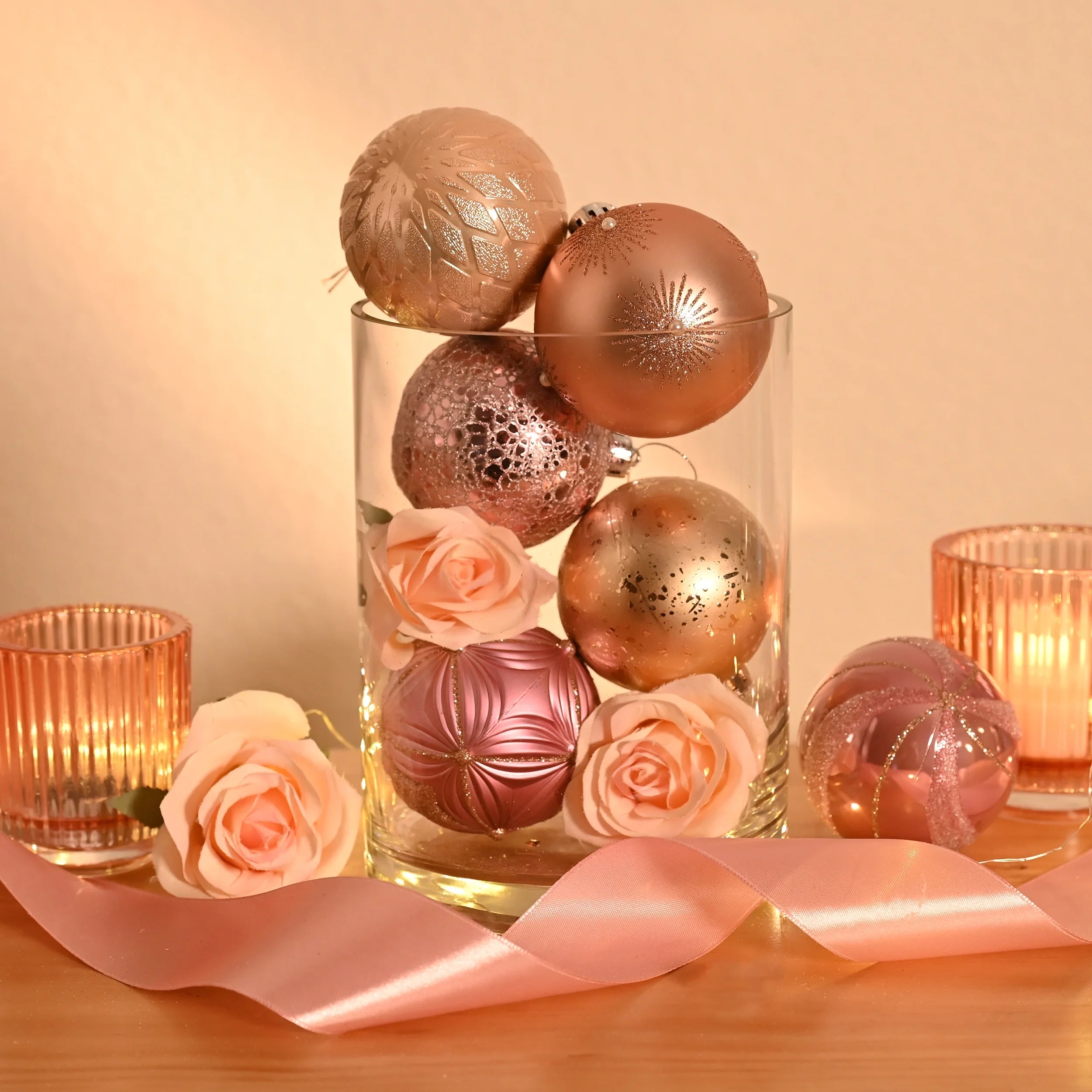 16Ct 3.15" Christmas Ornaments, Pink Gold Christmas Tree Ornaments for Holiday Party Decor