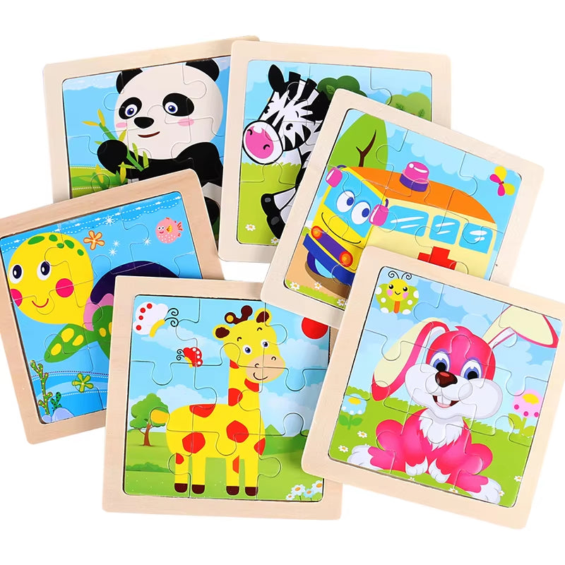 Colorful 11cm Wooden Jigsaw Puzzle for Kids - Fun Cartoon Animal & Vehicle Patterns - Montessori Educational Toy