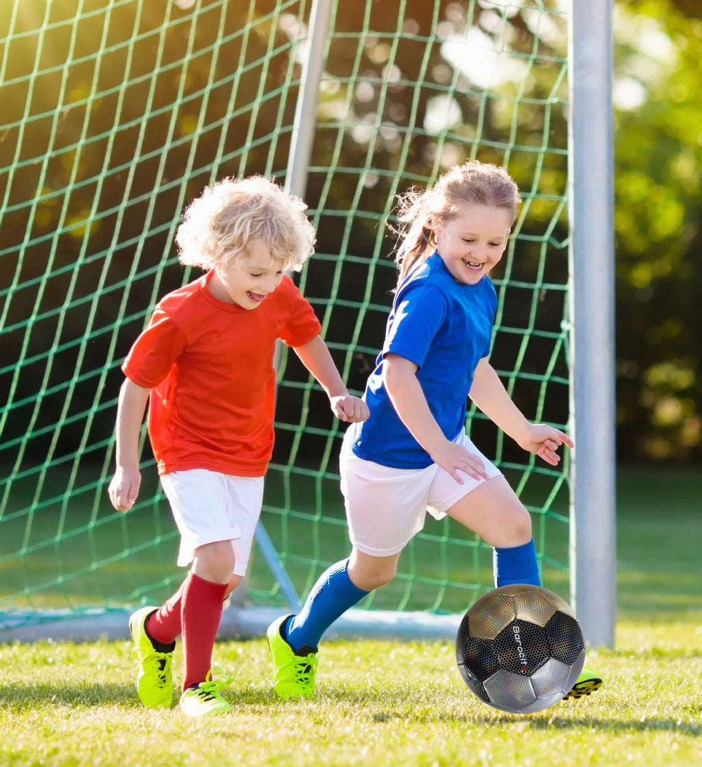 Barocity Premium Size 3 Soccer Ball - Silver, Black, Gold with Reflective Iridescent Rainbow Hex Pattern for Kids - Perfect for Indoor & Outdoor Play!