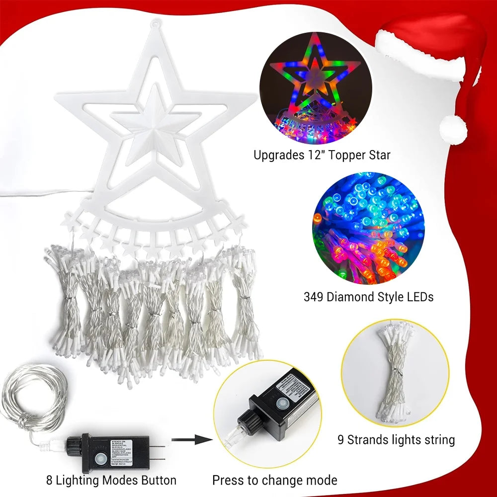 Christmas Lights with Star, 350 LED 25.8FT Star Waterfall String Christmas Fairy Lights with 8 Modes for Outdoor & Indoor Decoration, Multicolor