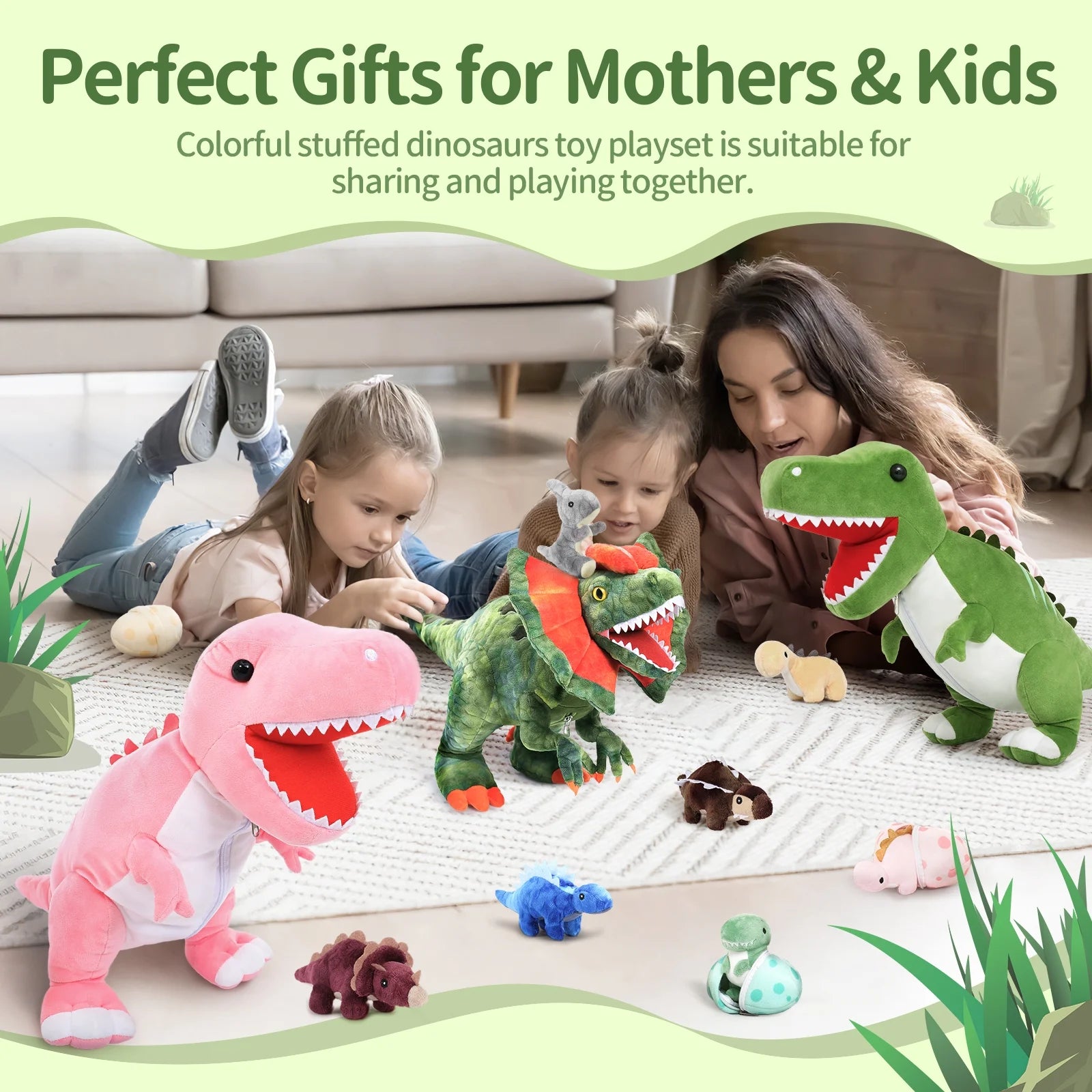 Cuddly  23.6" Mommy Dinosaur Plush with 3 Adorable Baby Dinosaurs