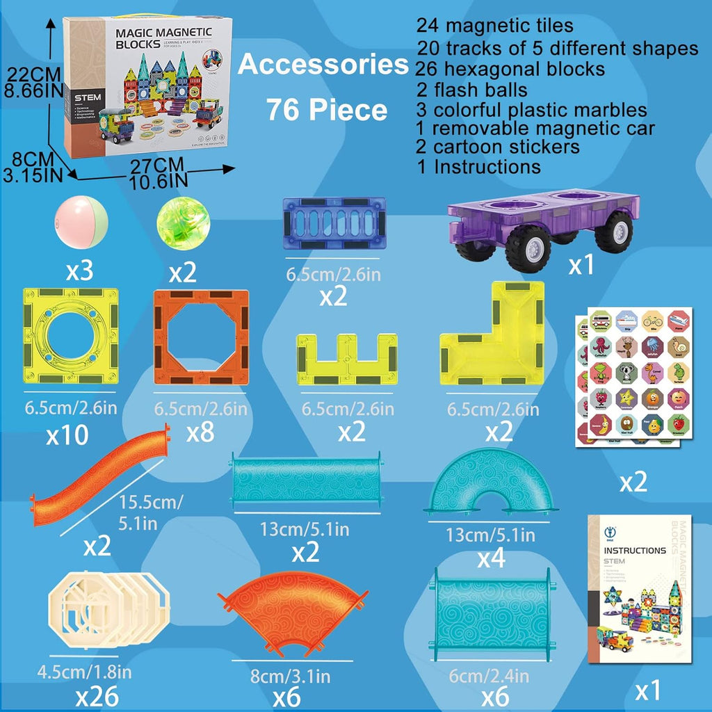 Magnetic Marble Run Building Set for Children Ages 4-8, 76-Piece Educational STEM Toy with Rolling Ball, Ideal Gift for Boys and Girls