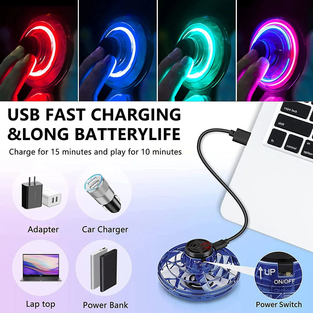 Blue Flying Spinner Mini UFO Drone - Hand Operated Fidget Spinner Toy with 360° Rotation & LED Lights for Kids and Adults