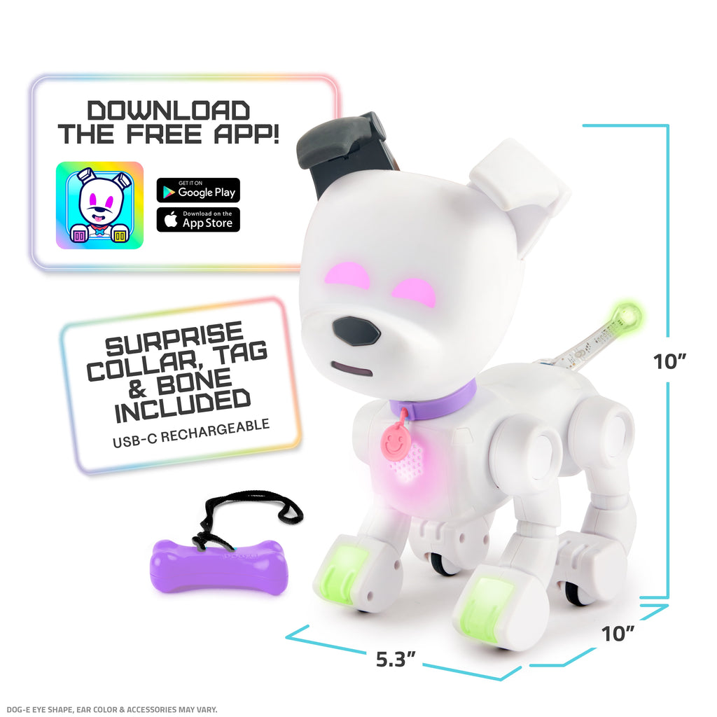 Interactive Dog-E Robot: LED Lights, 200+ Sounds & Reactions, App-Connected Fun for Ages 6+!
