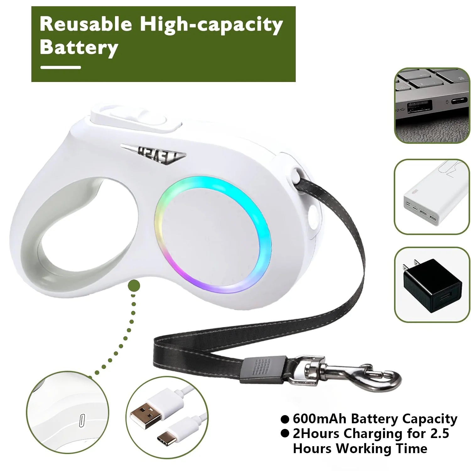 Illuminate Your Night Walks: 16FT Rechargeable LED Dog Leash with Tangle-Free Design & Ergonomic Handle for Small to Medium Dogs up to 55Lbs (White)