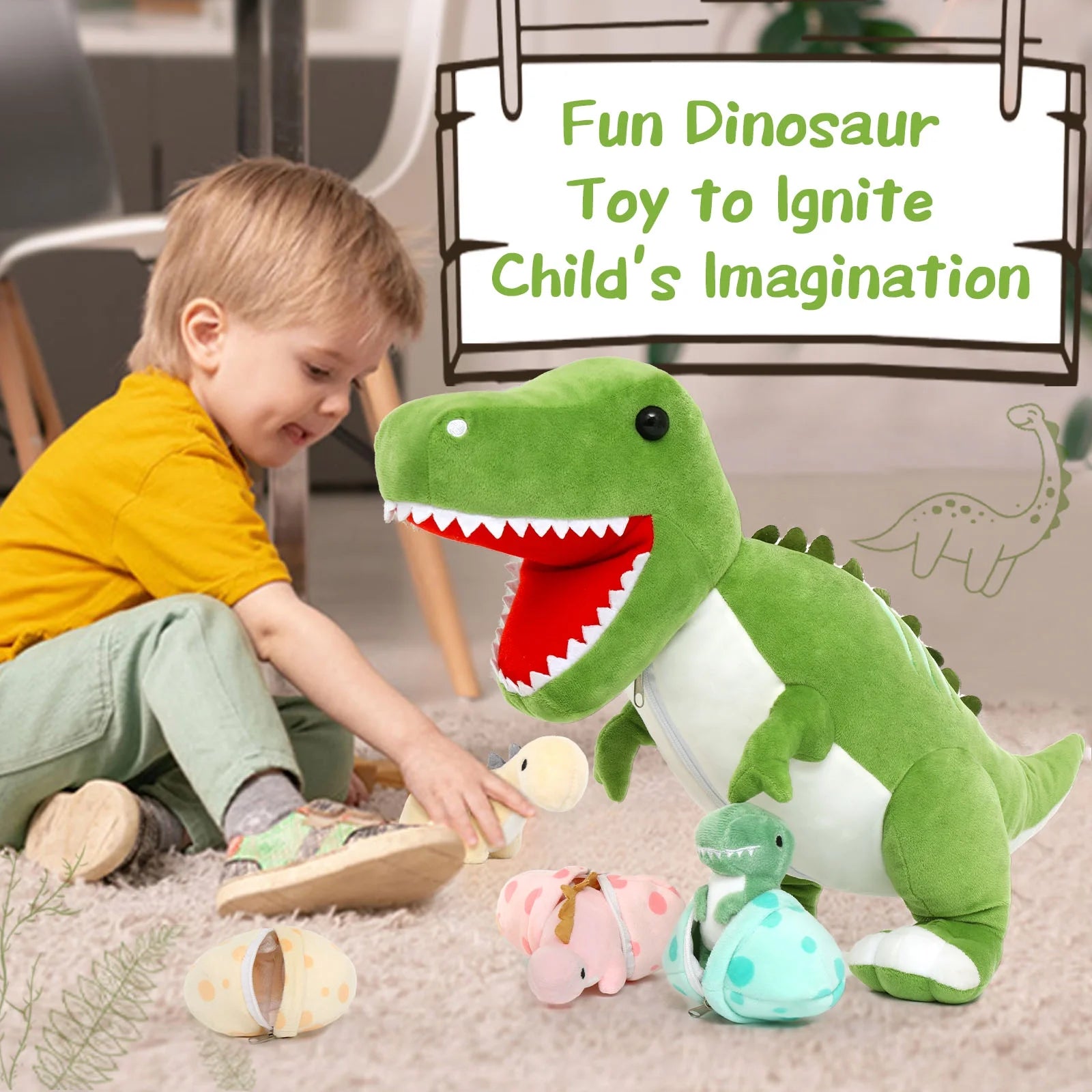 Cuddly  23.6" Mommy Dinosaur Plush with 3 Adorable Baby Dinosaurs