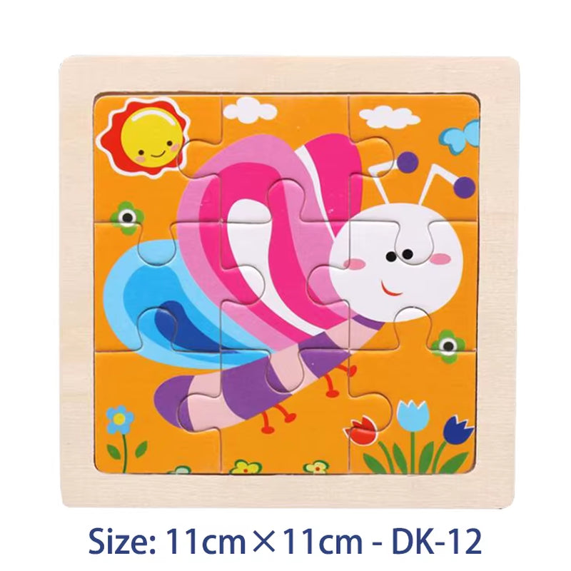 Colorful 11cm Wooden Jigsaw Puzzle for Kids - Fun Cartoon Animal & Vehicle Patterns - Montessori Educational Toy