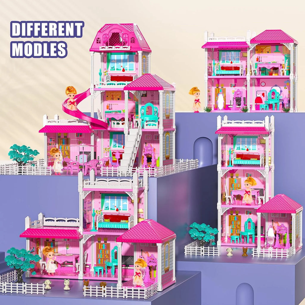Luxurious 24.8'' Three-Story Dollhouse Set with Slide - 7 Rooms, 2 Dolls, 4 Puppies & Furniture Accessories - Perfect Pink Gift for Girls Ages 3+