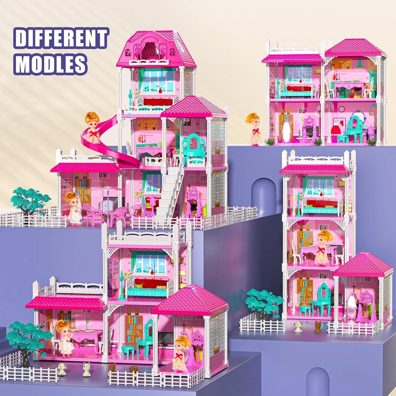 Luxurious 24.8'' Three-Story Dollhouse Set with Slide - 7 Rooms, 2 Dolls, 4 Puppies & Furniture Accessories - Perfect Pink Gift for Girls Ages 3+