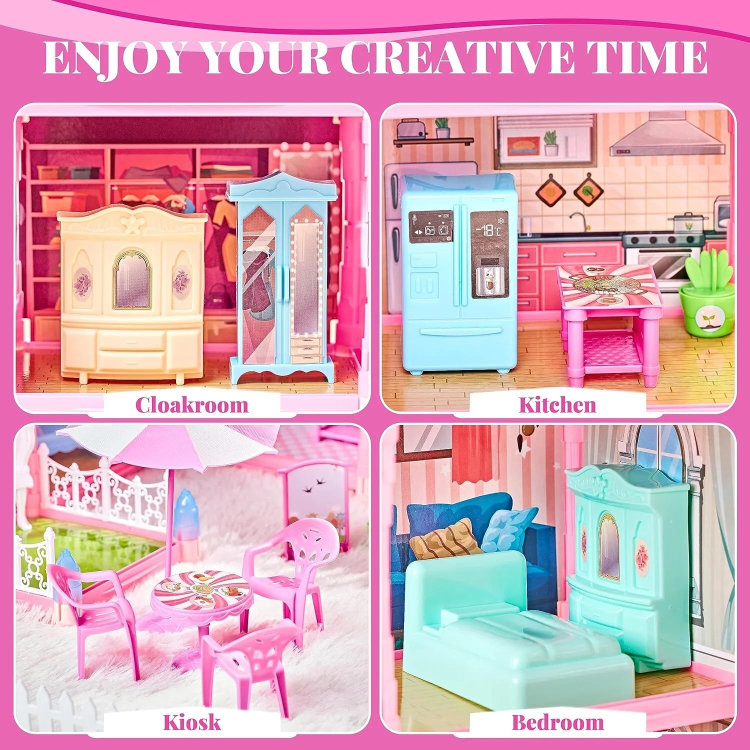 Enchanting  275-Piece Dollhouse Kit - 11 Room DIY Playhouse for Girls Ages 3-8, Perfect Pink Castle Gift for Kids!