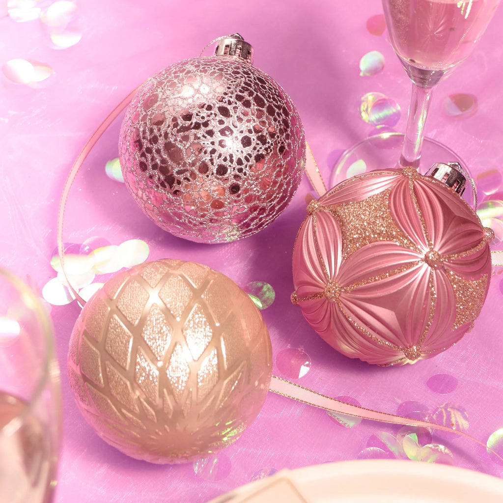 16Ct 3.15" Christmas Ornaments, Pink Gold Christmas Tree Ornaments for Holiday Party Decor