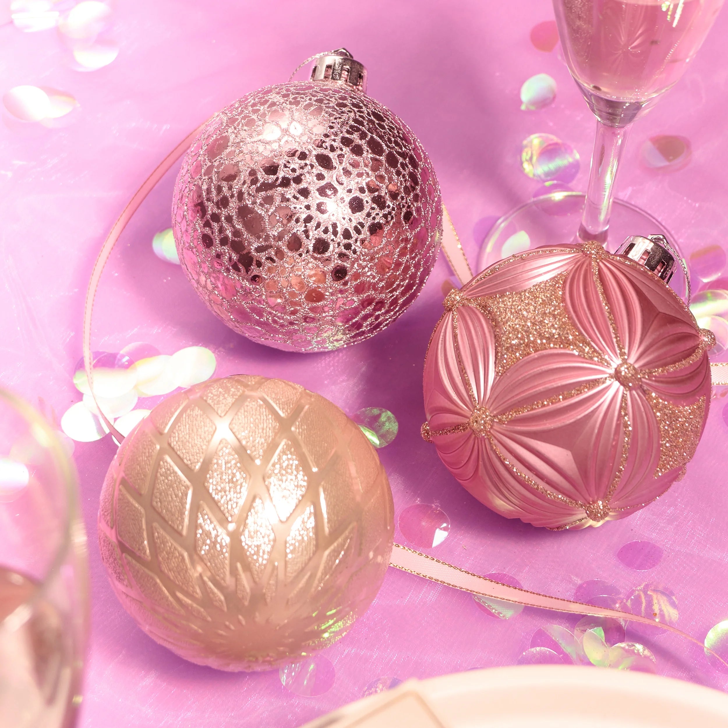 16Ct 3.15" Christmas Ornaments, Pink Gold Christmas Tree Ornaments for Holiday Party Decor