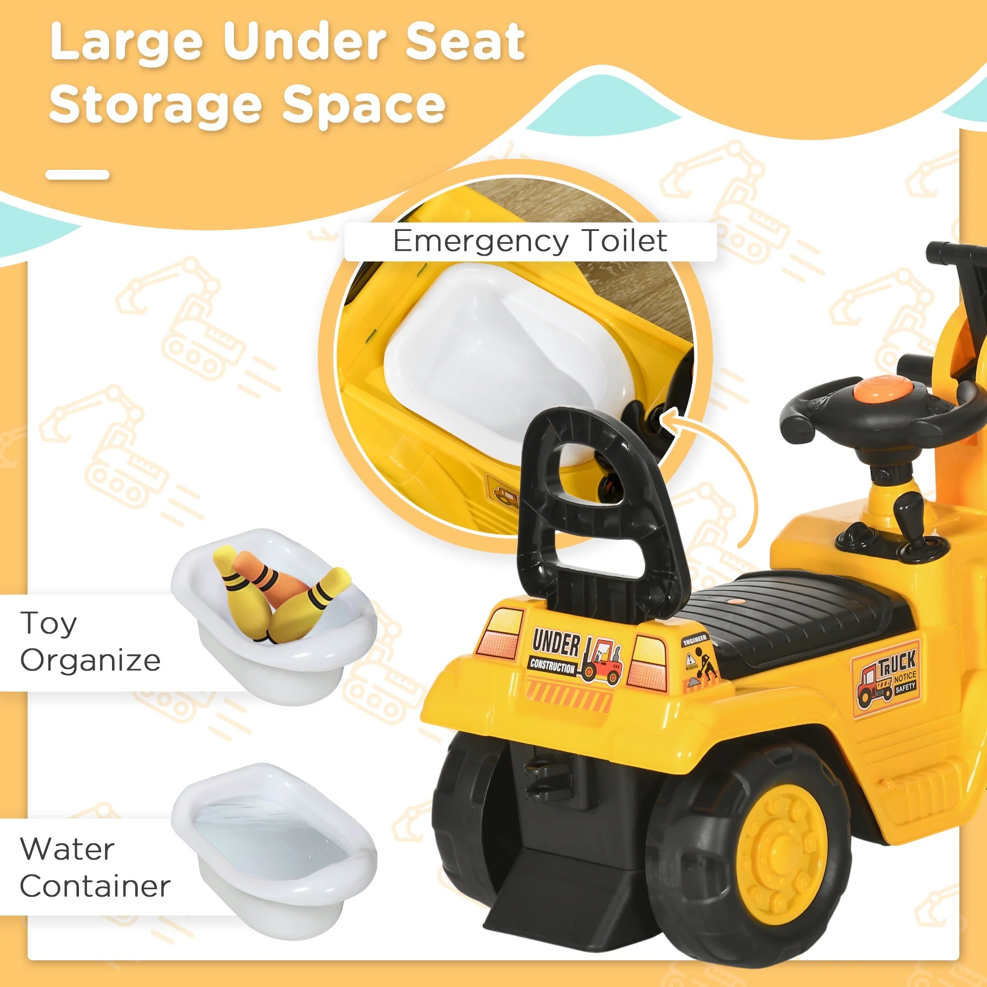 3-in-1 Ride-On Excavator Digger Scooter and Pulling Cart for Pretend Play Construction Activities