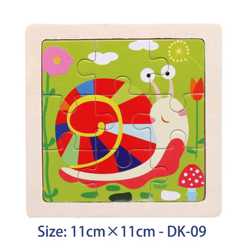 Colorful 11cm Wooden Jigsaw Puzzle for Kids - Fun Cartoon Animal & Vehicle Patterns - Montessori Educational Toy
