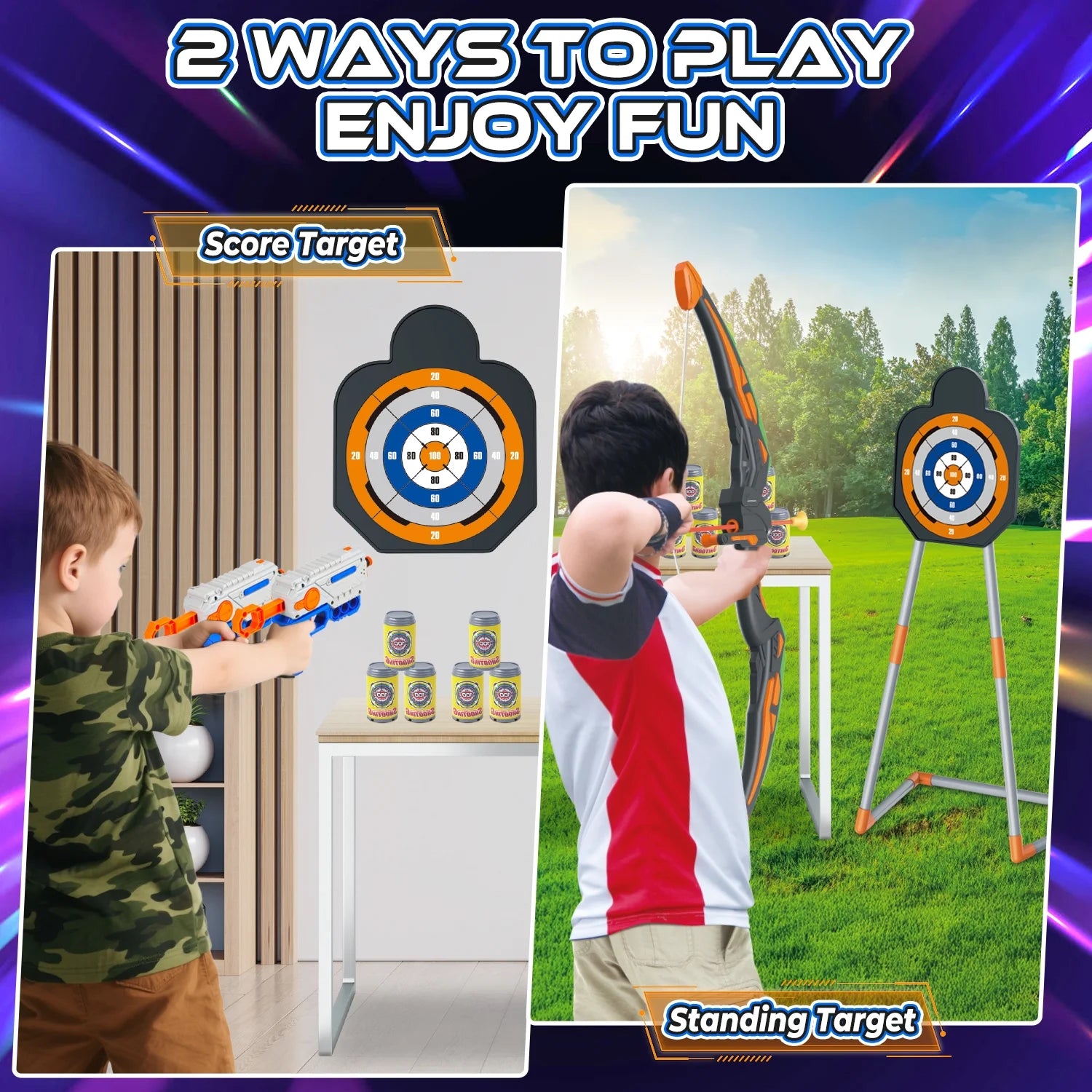 Ultimate Light-Up Bow and Arrow Set for Kids - 2 Pack with 24 Suction Cup Arrows & Target - Perfect Birthday Gift for Boys Aged 6-12!