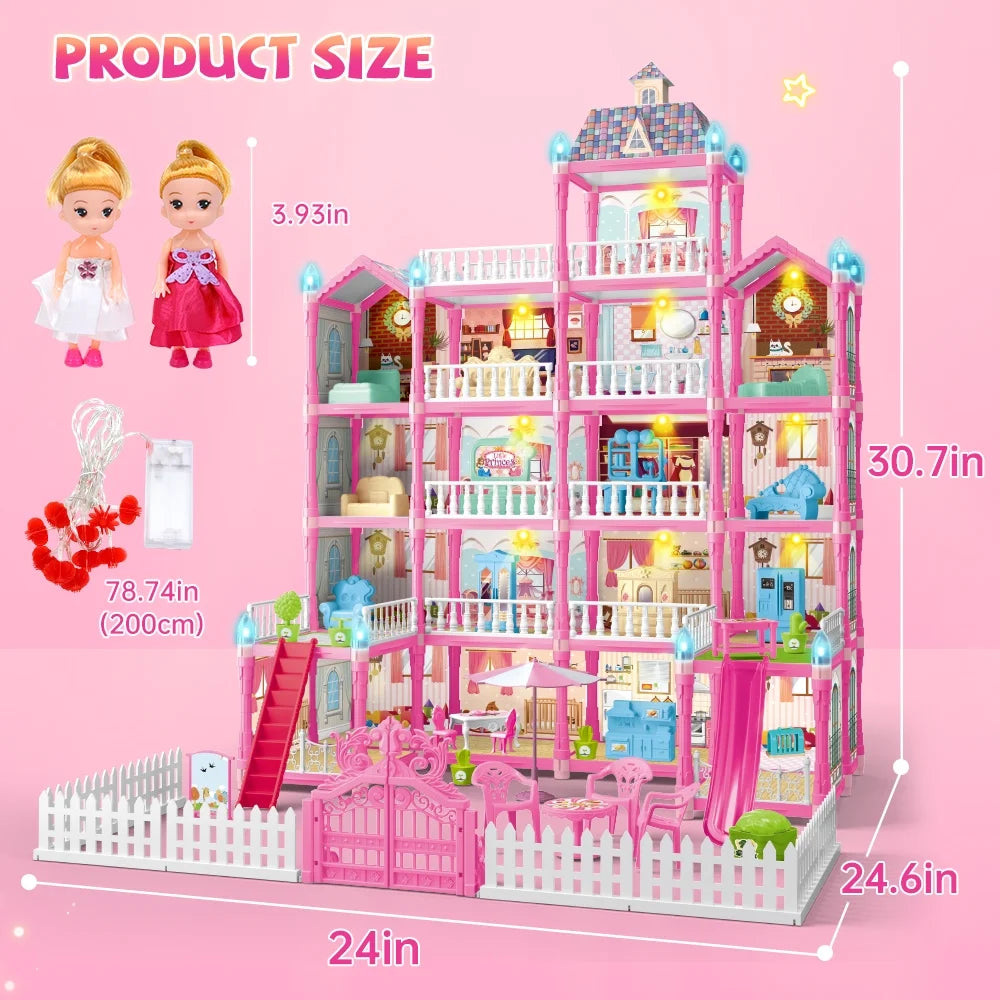 5-Story Dollhouse Playset for Girls with LED Lights, 19 Rooms, 2 Dolls, Furniture, and Accessories - Ideal Gift for Kids, Pink