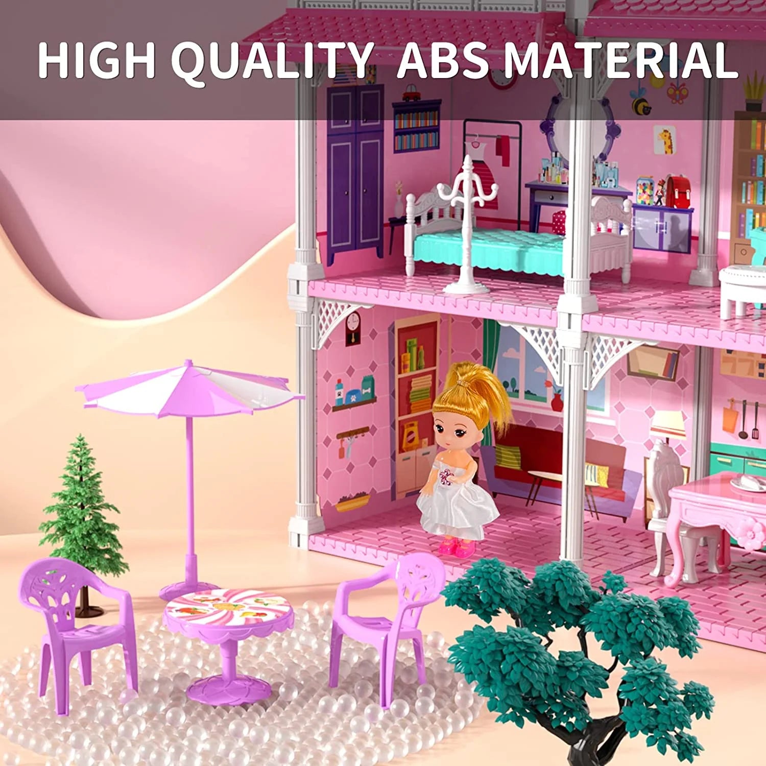 Luxurious 24.8'' Three-Story Dollhouse Set with Slide - 7 Rooms, 2 Dolls, 4 Puppies & Furniture Accessories - Perfect Pink Gift for Girls Ages 3+