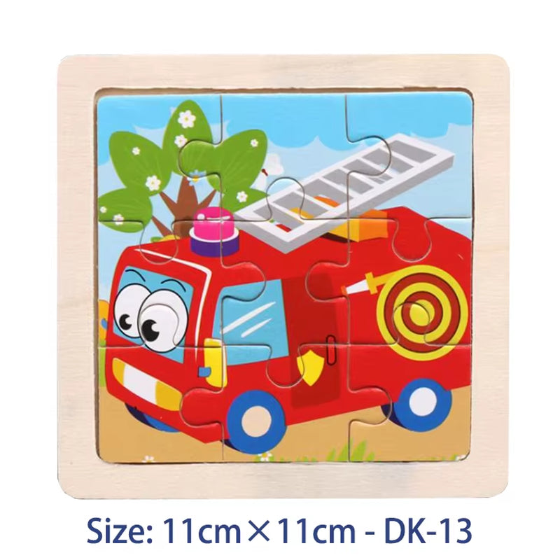 Colorful 11cm Wooden Jigsaw Puzzle for Kids - Fun Cartoon Animal & Vehicle Patterns - Montessori Educational Toy