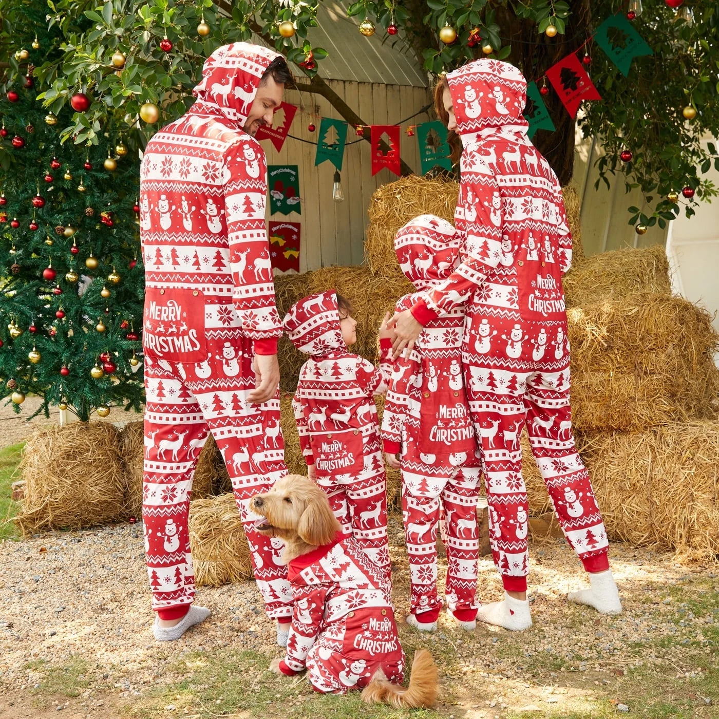Christmas Pajamas Family Matching Onesies Kids Girl Boys Long Sleeve Hooded Zipper Bodysuits Flame Resistant One Piece Holiday Pjs with Socks, Red Snowman, 2 Years