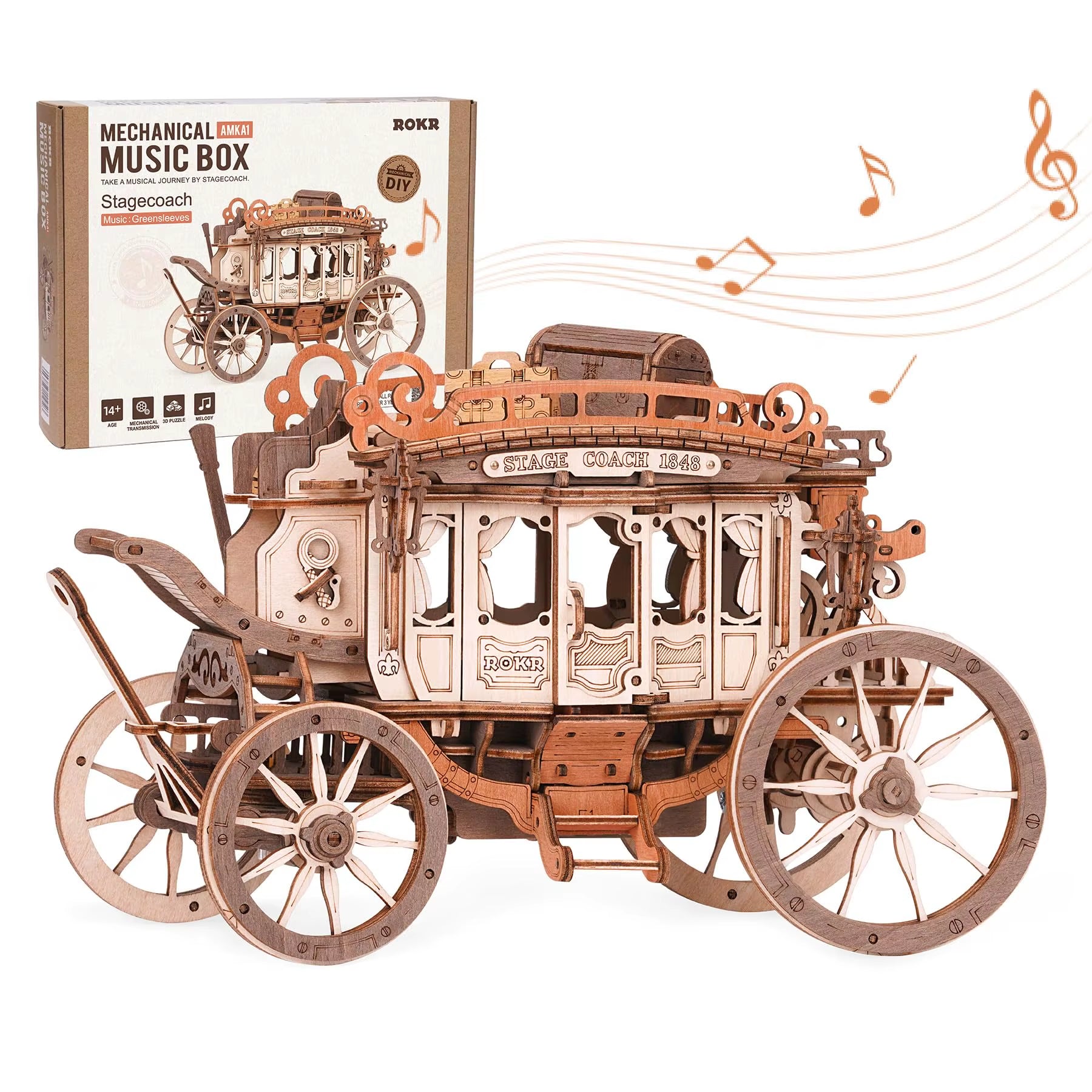 Enchanting  Rokr Stagecoach Music Box 3D Wooden Puzzle - Perfect Gift for Birthdays, Anniversaries & Hobbyists! Easy to Build STEM Kit for Adults