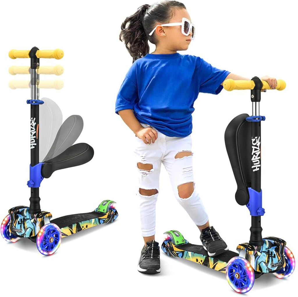 3-Wheeled Kids Scooter with LED Wheel Lights, Adjustable Lean-To-Steer Handlebar, and Foldable Seat - Versatile Sit or Stand Ride with Brake for Ages 1-14