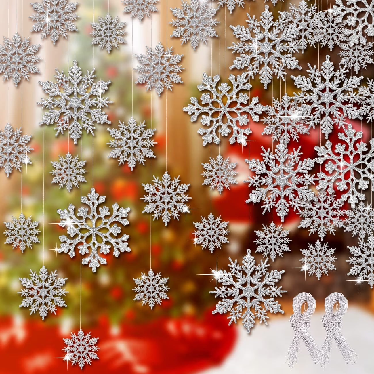 Shatterproof Snowflake Ornaments, Plastic/Glitter Silver, 46 Count