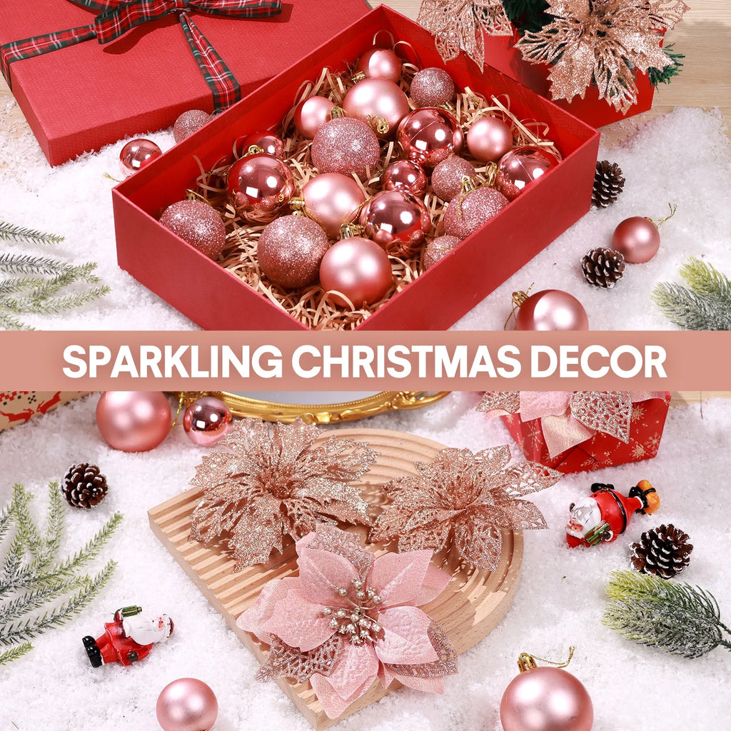 92Pcs Christmas Tree Decorations Includes Poinsettia Christmas Flowers, Ball Ornaments, Artificial Glitter Berry Stems, Snowflake and Icicle Drop Crystal Ornaments | Rose Glod