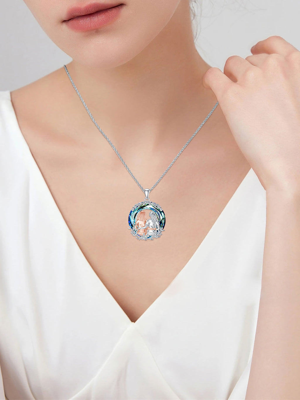 Sterling Silver Friendship Necklace for 2 - Sister Sit and Hug Pendant with Blue Crystal - Perfect Gift for Best Friends, Birthdays, Anniversaries, Mother's Day, Valentine's Day, and Christmas