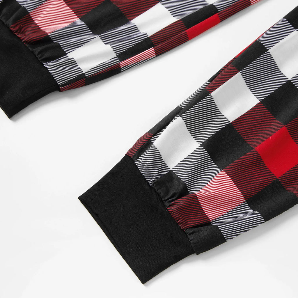 Christmas Pajamas Family Matching 2 Piece Pjs Sets Letter & Deer Print Long Sleeve Top & Plaid Pants for Kids Girl Boys Holiday Sleepwear with Socks, Black/Red, 6-7 Years