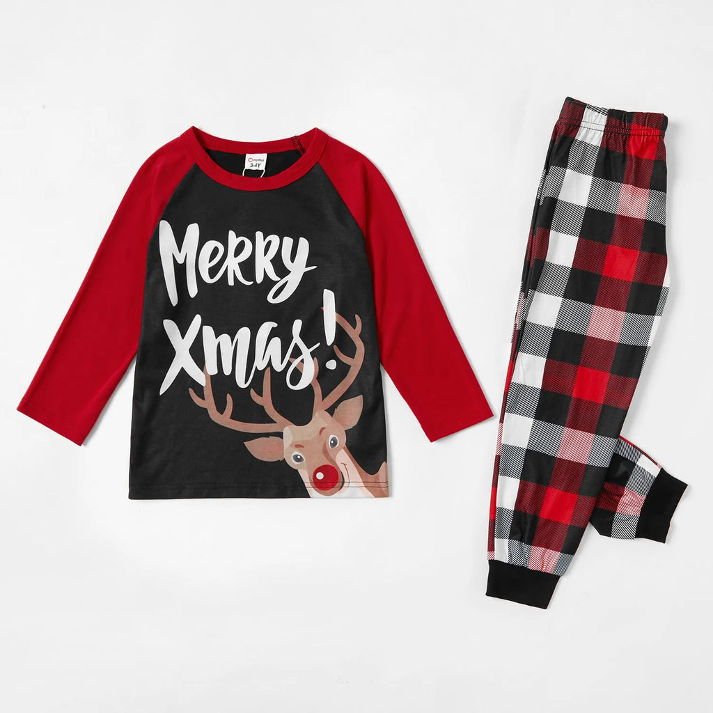 Christmas Pajamas Family Matching 2 Piece Pjs Sets Letter & Deer Print Long Sleeve Top & Plaid Pants for Kids Girl Boys Holiday Sleepwear with Socks, Black/Red, 6-7 Years