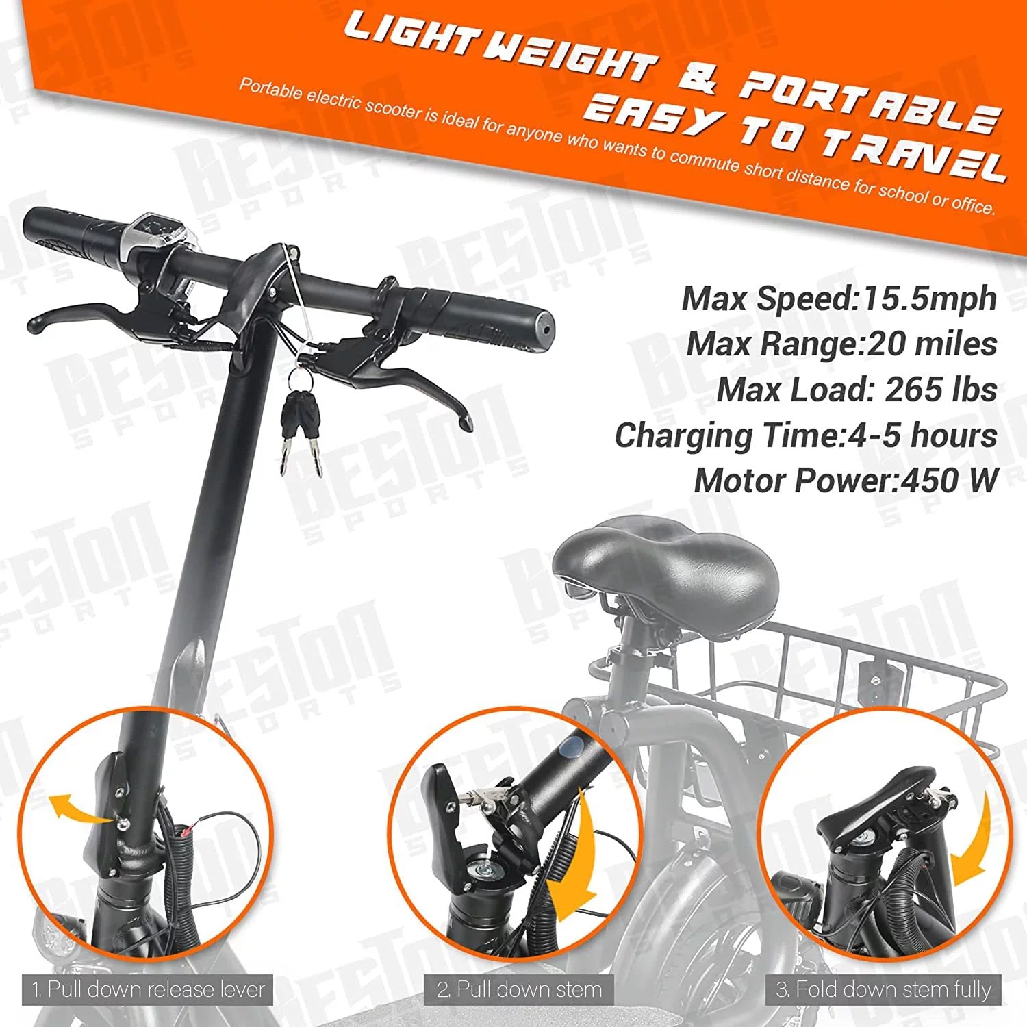 450W 36V Folding Electric Scooter - Powerful E-Scooter with 12" Tires & Comfortable Seat for Adults - Ideal Commuter Electric Bike in Sleek Black