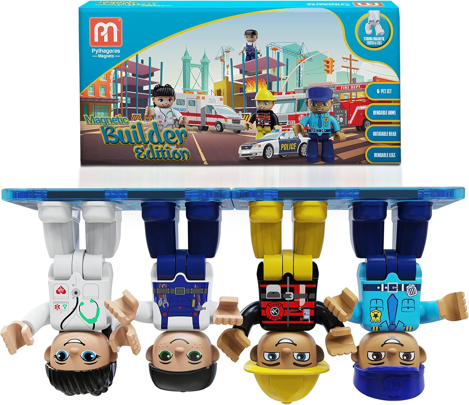 Magnetic Figures Set of 4 Toddlers Community Action Toy People, Magnetic Tiles Expansion Pack for Boys and Girls Nurse, Builder, Fireman, Police Educational Stem Toys Add on Sets for Magnetic Block