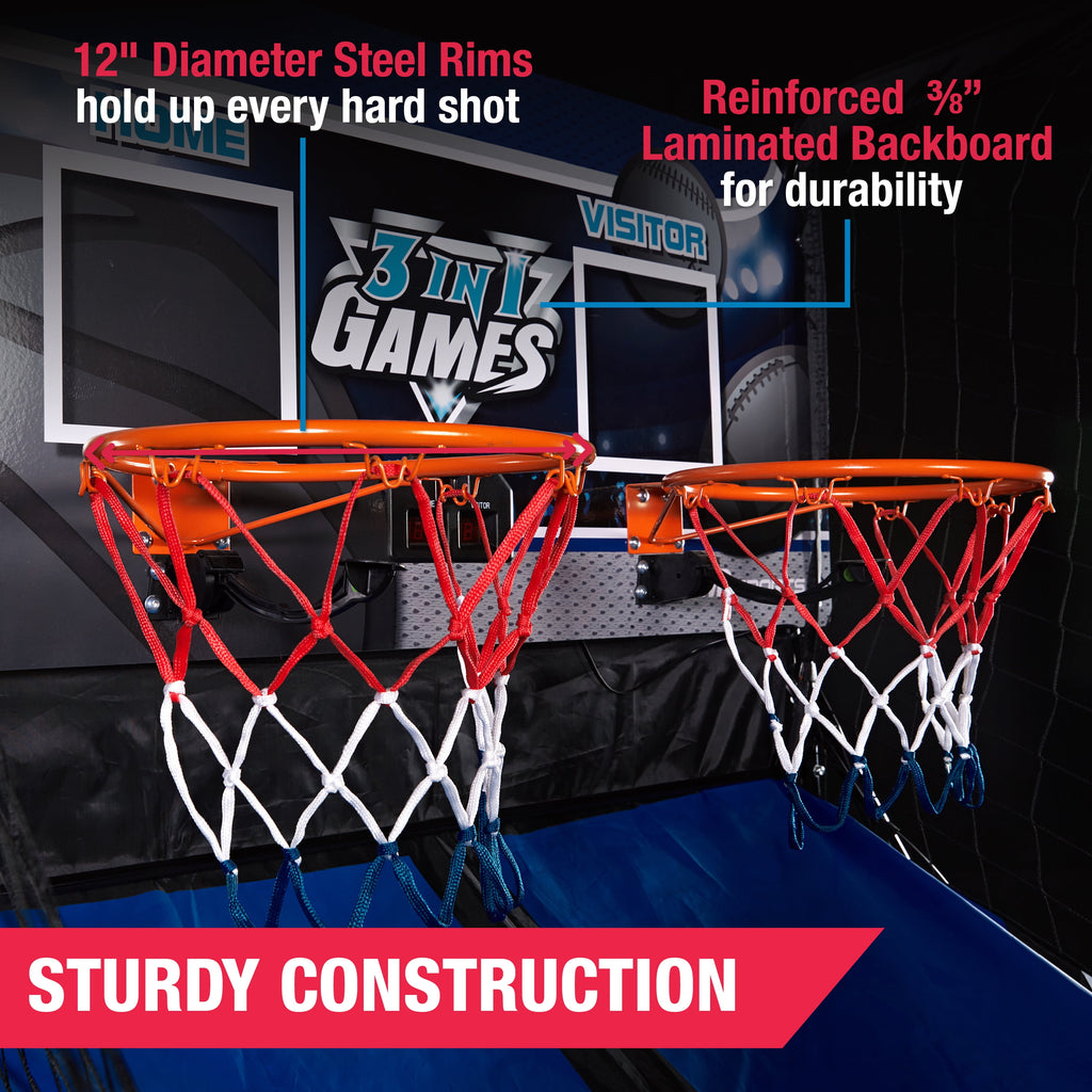 Ultimate 3-In-1 Arcade Sports Game: Basketball, Football & Baseball with LED Scoring by