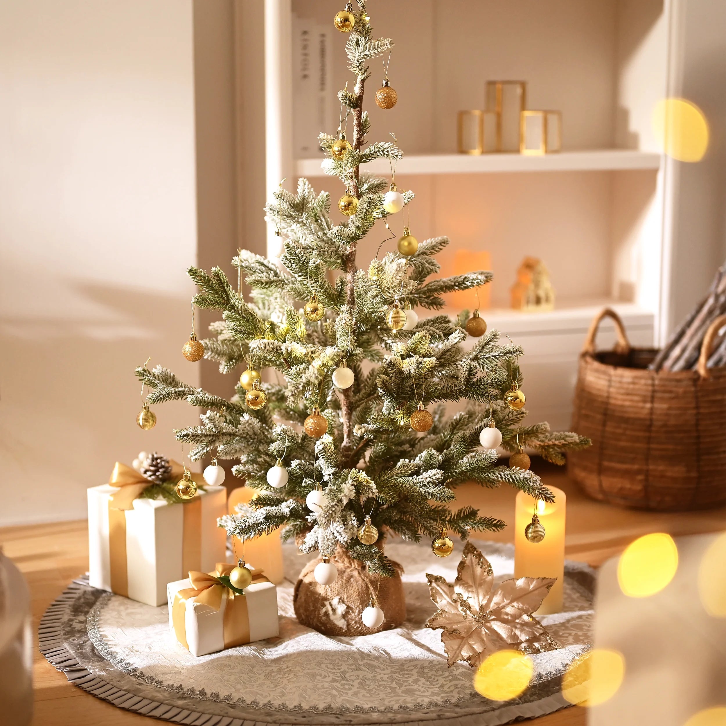 100Ct Mini Christmas Ornaments, White Gold Hanging Christmas Tree Ornaments for Holidy Decor