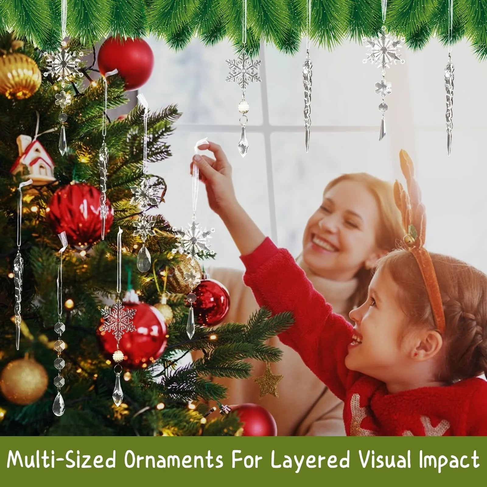 Guasslee Christmas Tree Decoration Crystal Ornaments - 32Pcs Acrylic Christmas Ornaments Snowflake Icicle Drop Crystal Hanging Ornaments for Xmas Christmas Tree Winter Holiday Frozen Decorations
