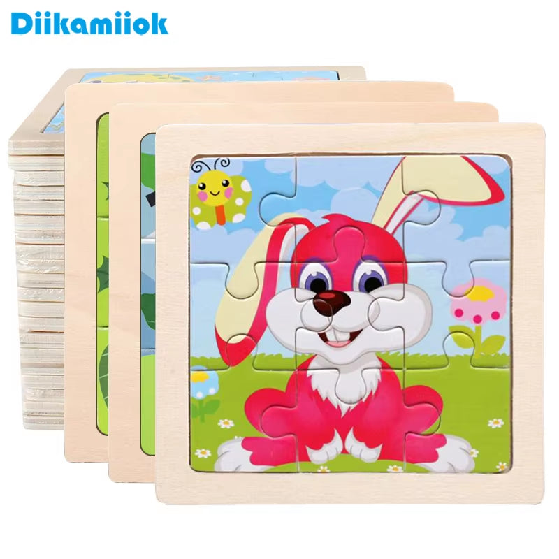 Colorful 11cm Wooden Jigsaw Puzzle for Kids - Fun Cartoon Animal & Vehicle Patterns - Montessori Educational Toy